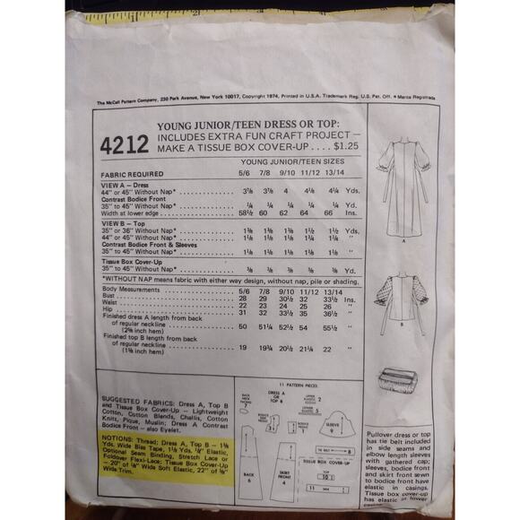 Vintage McCall's Pattern 4212 Yng Junior/Teen Dress or Top Size 11/12 (1974) - Picture 2 of 2